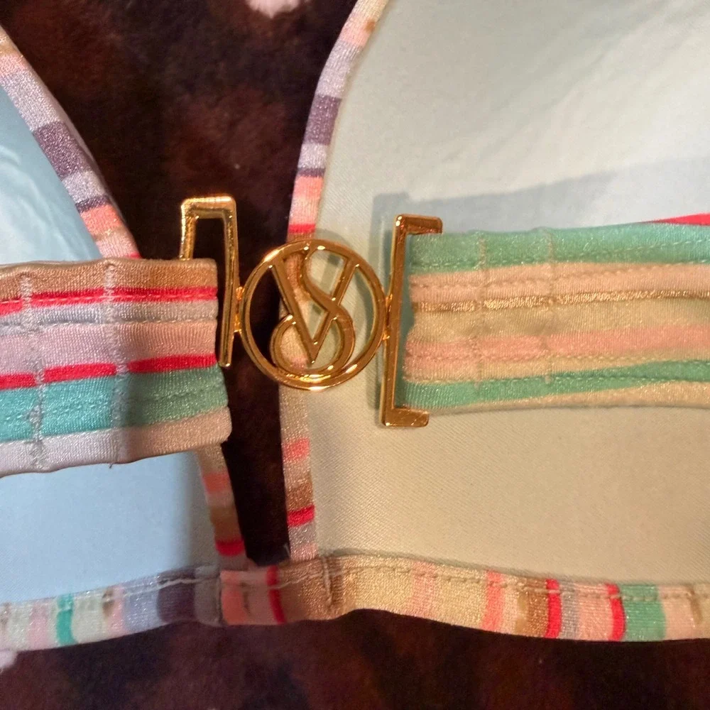 Victoria's Secret Bikini Top Womens 34DD Multi Striped Gold Metallic Beachy Boho